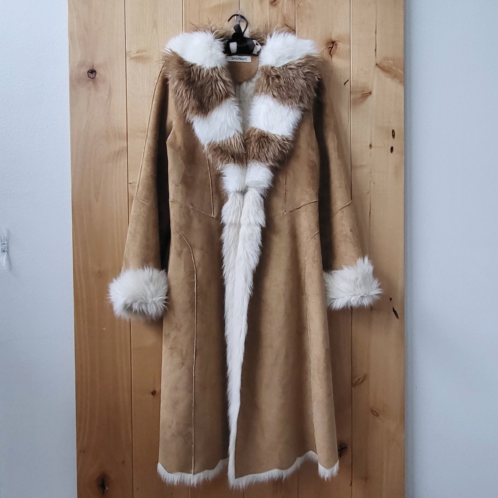 Authentic Vintage BALMAIN Paris Faux Suede Fur Beige Coat 38 FR Women $4000++